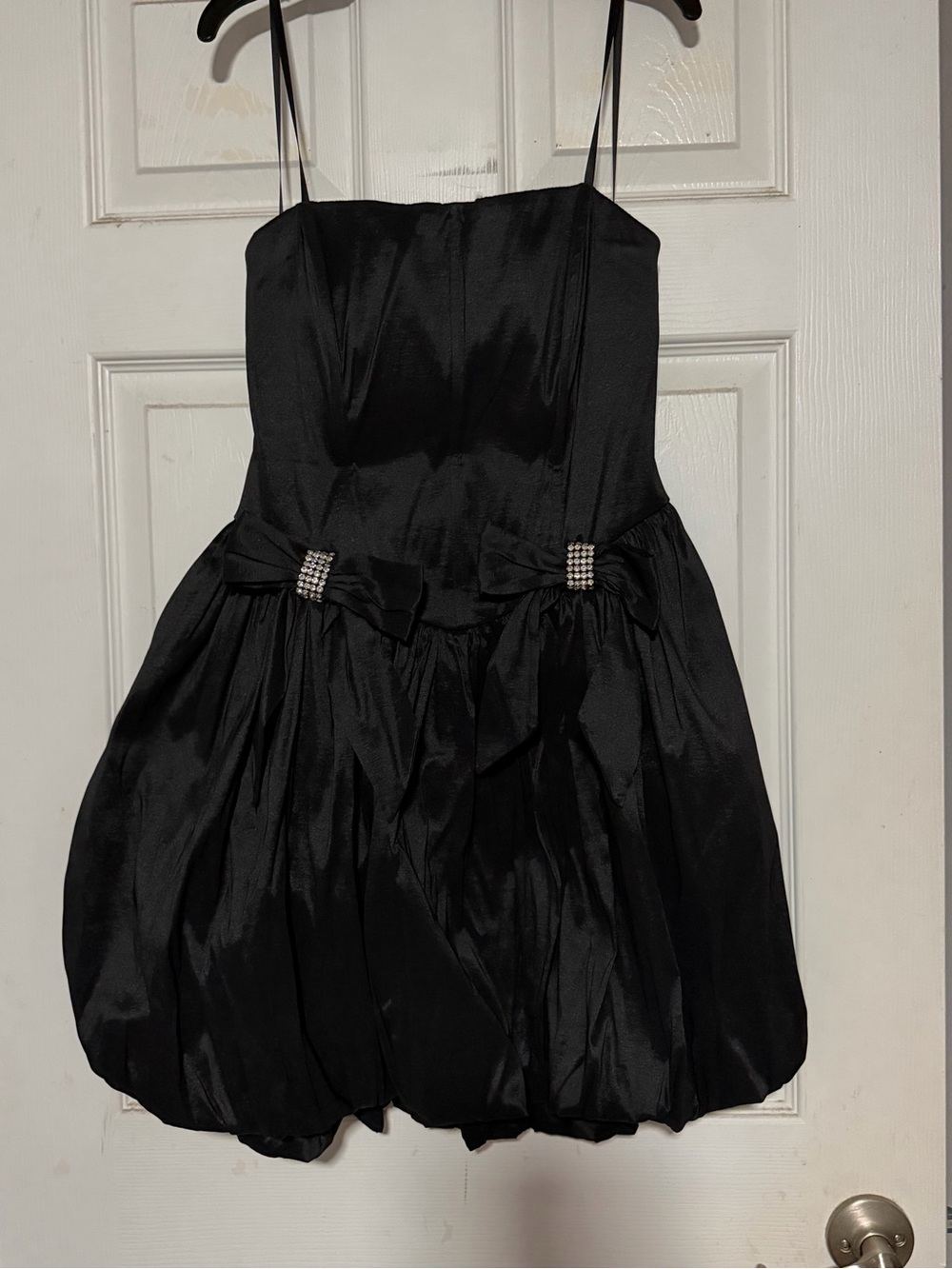 B Darlin Black Satin Bubble Dress with Rhinestone Bow